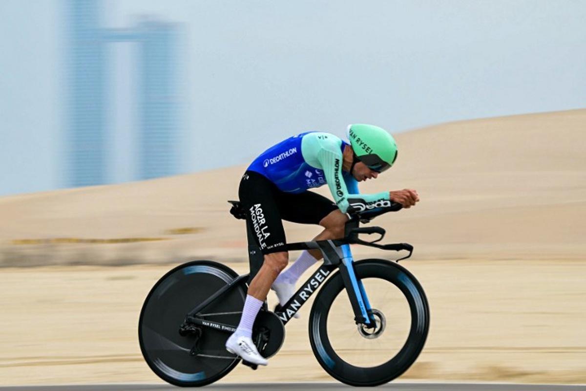 Decathlon AG2R La Mondiale's French rider Geoffrey Bouchard cycles during the second stage of the UAE Tour cycling race in al-Hudayriyat island in Abu Dhabi on February 18, 2025.  Giuseppe CACACE / AFP