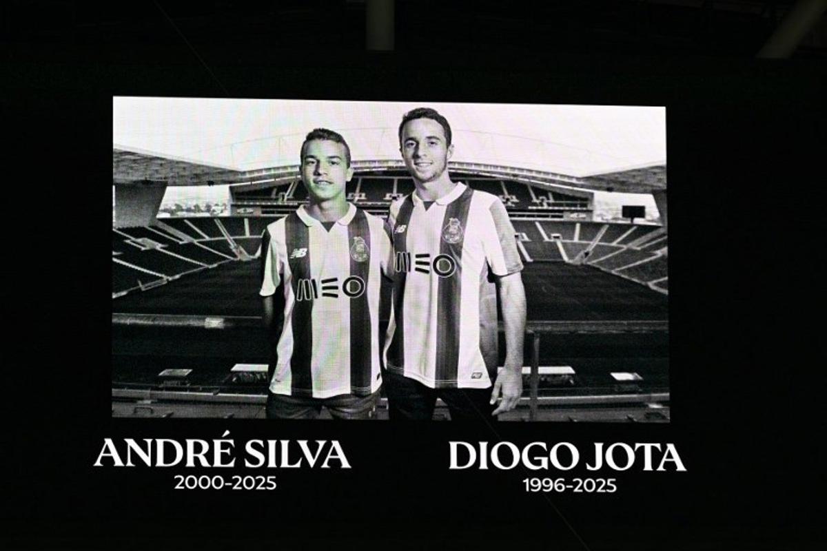 A tribute to the late Liverpool player Diogo Jota and his brother Andre Silva is shown before their friendly exhibition football match against AC Milan at the Kai Tak Stadium in Hong Kong on July 26, 2025.  Peter PARKS / AFP