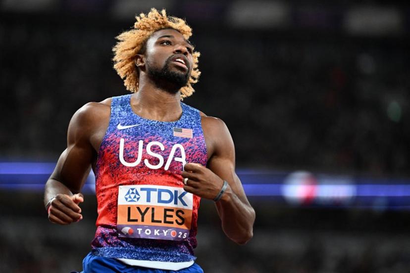 US sprinter Noah Lyles reacts after winning in the men's 200m final during the World Athletics Championships in Tokyo on September 19, 2025.  Jewel SAMAD / AFP