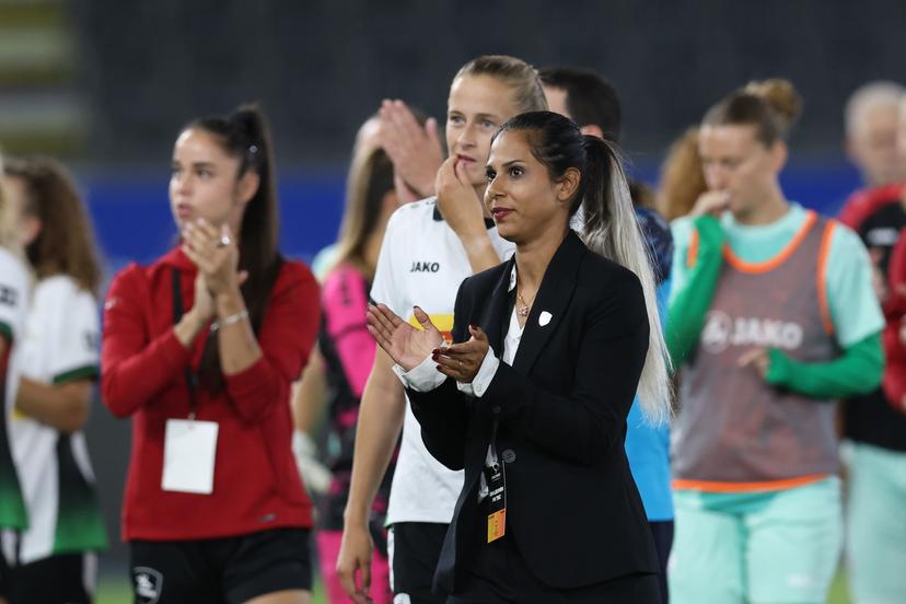 OHL Women's head coach Setareh Habibzadeh celebrates after winning a game between Oud-Heverlee Leuven Women and Serbian club TSC Backa Topola,  Wednesday 5th of August 2026, in Leuven, a second round qualification game in the UEFA Women's Champions League.  BELGA PHOTO BRUNO FAHY