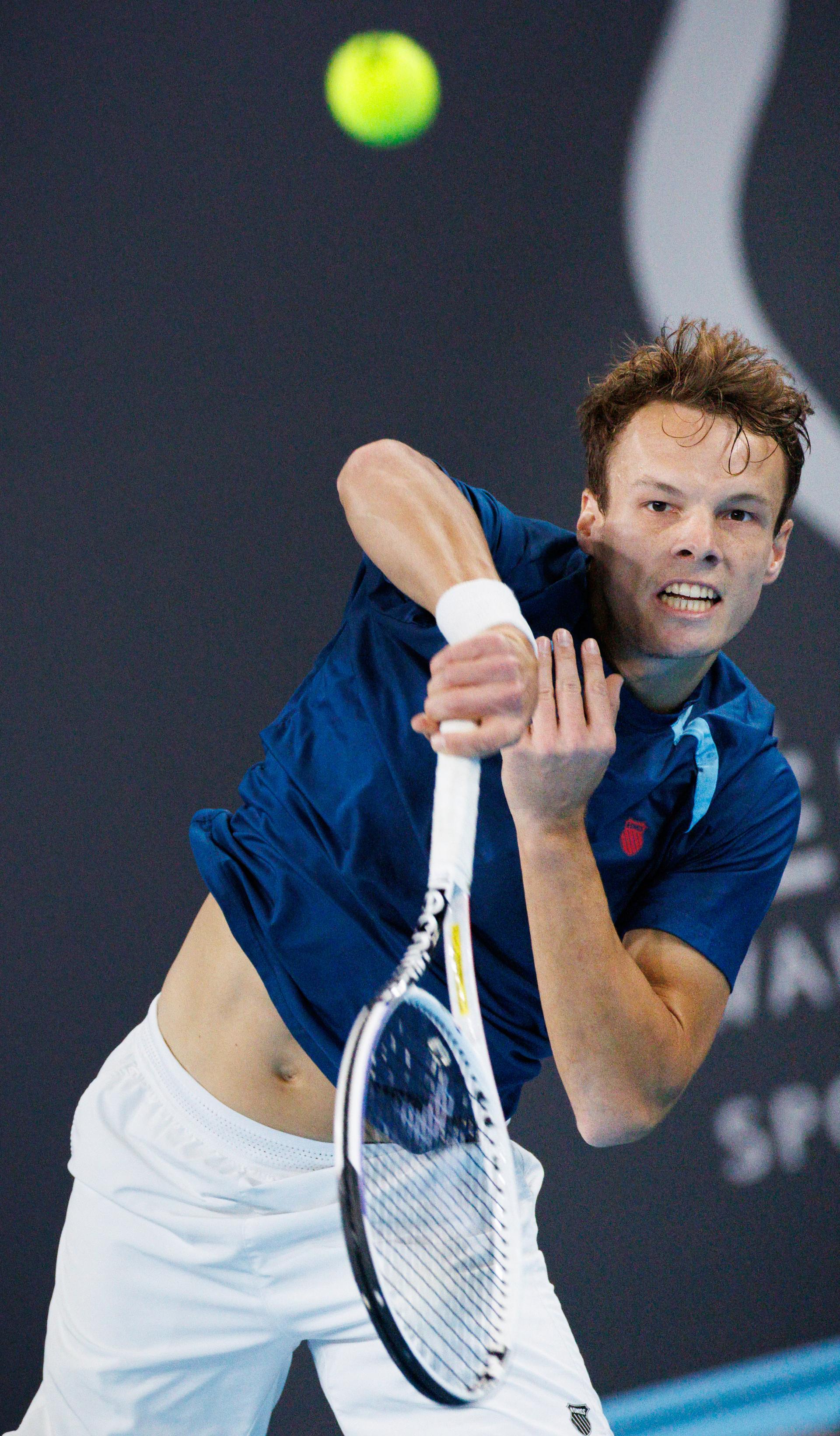 Belgian Michael Geerts pictured during a qualification game between Belgian Geerts and Canadian Diez in the men's singles at the BW Open ATP Challenger 125 tournament, in Louvain-la-Neuve, Monday 22 January 2024. THE BW Open takes place from 22 to 28 January. BELGA PHOTO BENOIT DOPPAGNE