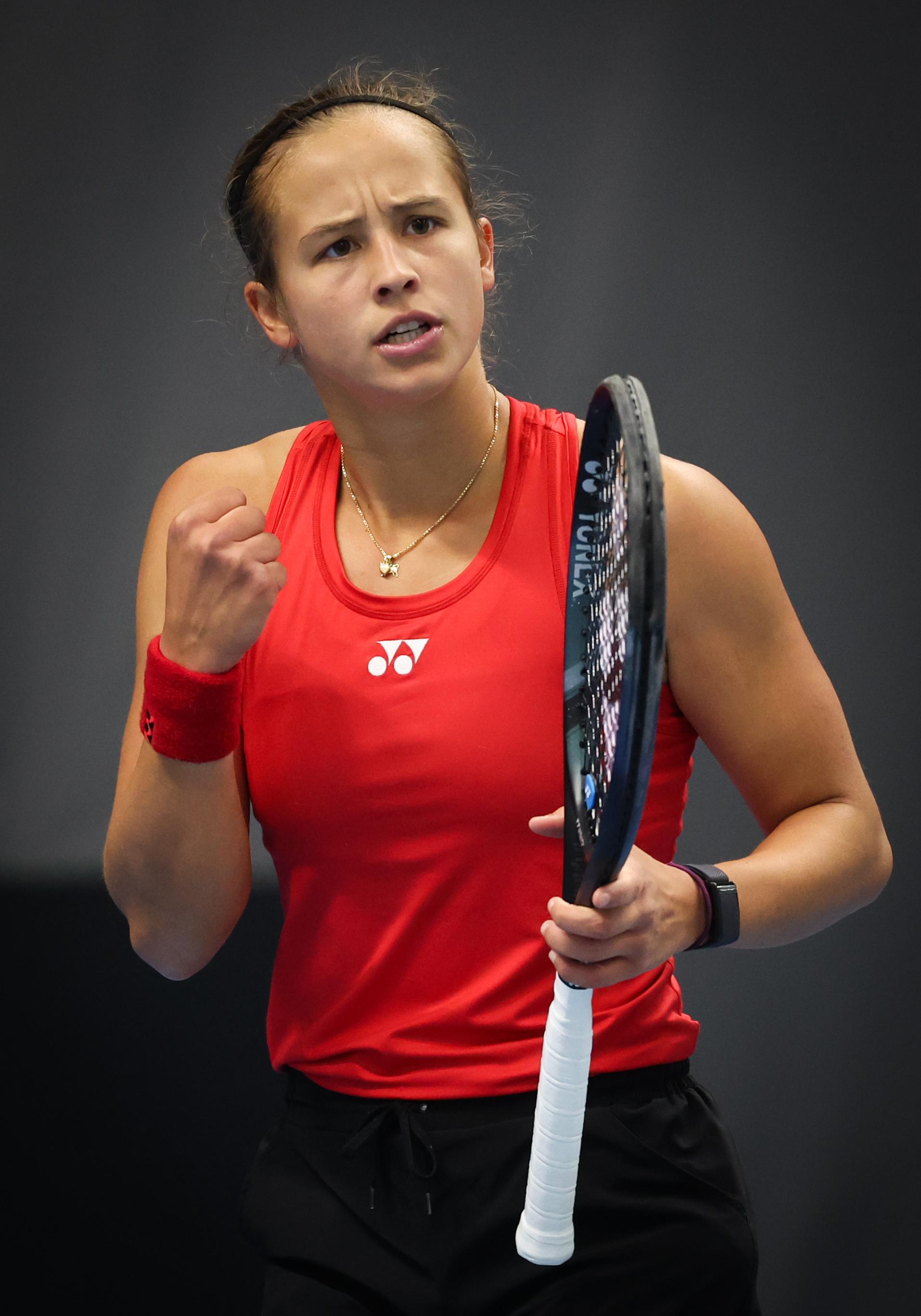 Belgian Hanne Vandewinkel celebrates winning the first set during a tennis match against Greek Grammatikopoulou, in the qualifiers of the Billie Jean King Cup tennis, in Vilnius, Lithuania on Tuesday 08 April 2025. PHOTO VIRGINIE LEFOUR