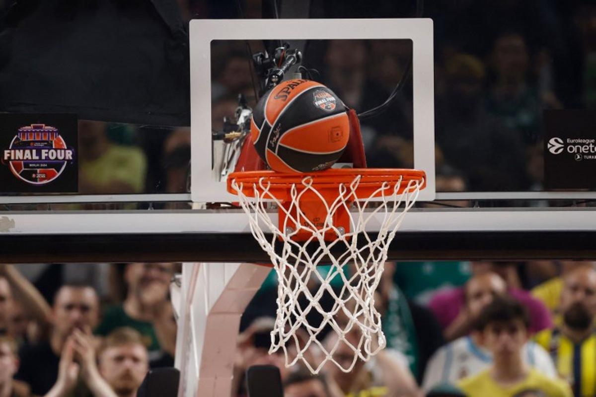 The ball hits the rim of the basket after a free throw during the final Men's Euroleague Final Four basketball match between Real Madrid and Panathinaikos in Berlin, Germany on May 26, 2024.   Odd ANDERSEN / AFP