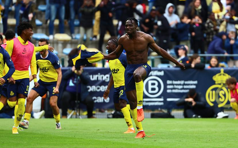 Union's Promise David celebrate after scoring during a soccer match between Royale Union Saint-Gilloise and KAA Gent, Sunday 25 May 2025 in Brussels, on day 10 (out of 10) of the Champions' Play-offs of the 2024-2025 'Jupiler Pro League' first division of the Belgian championship. BELGA PHOTO DAVID PINTENS