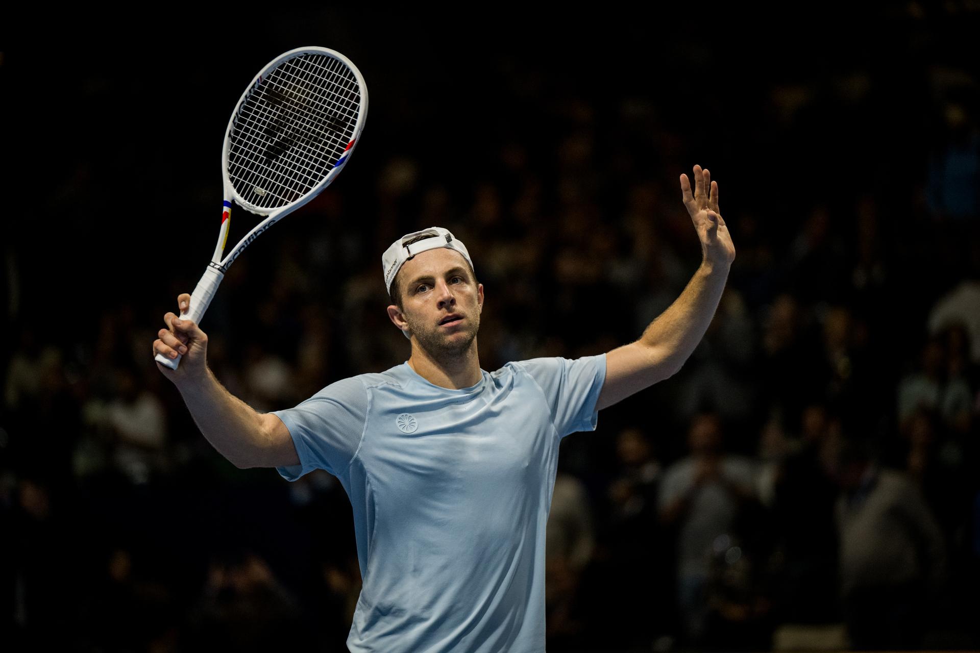 Tallon Griekspoor of the Netherlands celebrates after winning the European Open ATP tennis tournament in Brussels, on Friday 23 October 2026. This year's edition of the tournament is taking place from 17 to 25 October BELGA PHOTO JASPER JACOBS