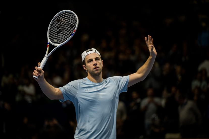 Tallon Griekspoor of the Netherlands celebrates after winning the European Open ATP tennis tournament in Brussels, on Friday 23 October 2026. This year's edition of the tournament is taking place from 17 to 25 October BELGA PHOTO JASPER JACOBS