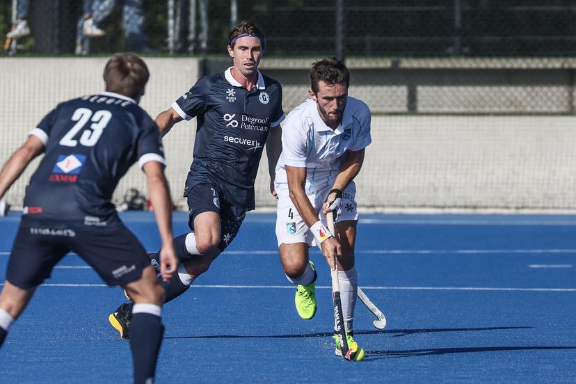 Braxgata's Arthur Van Doren pictured in action during a hockey game between Gantoise and Braxgata, Sunday 06 October 2024 in Gent, on day 5 of the Belgian first division hockey championship. BELGA PHOTO BRUNO FAHY