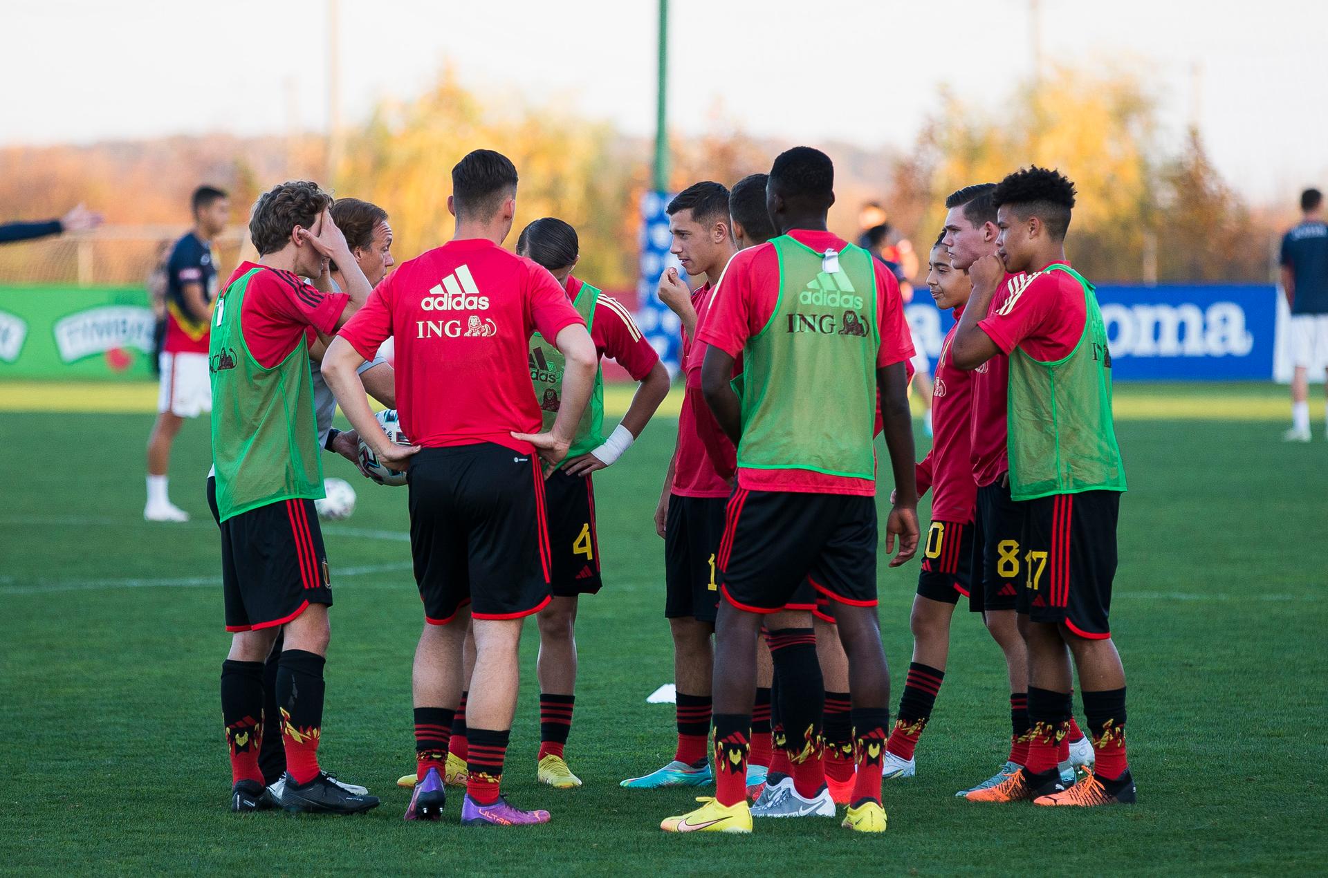 Belgium's players   a soccer game between Romania U17 and Belgium U17, Saturday 29 October 2022 in Buftea, Romania, match 2/3 in the qualifications for the 2023 European Championships. BELGA PHOTO NIKOLA KRSTIC