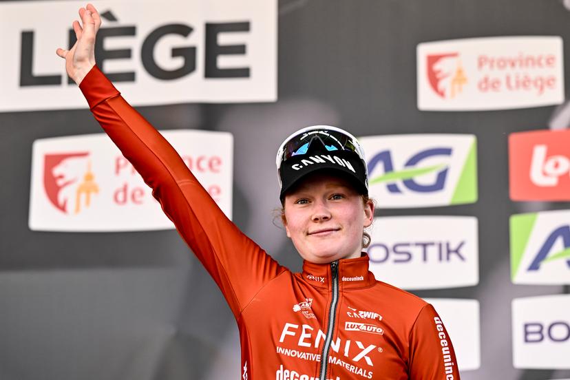 Dutch Puck Pieterse of Fenix-Deceuninck pictured on the podium after the women elite race of the Liege-Bastogne-Liege one day cycling event, 152,9km from Bastogne to Liege, Sunday 27 April 2025. BELGA PHOTO ERIC LALMAND