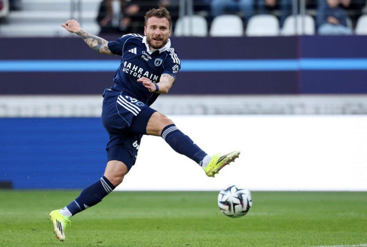 Paris FC's Italian forward #36 Ciro Immobile kicks to score his team's first goal during the French L1 football match between Paris FC and Le Havre AC at the Stade Jean-Bouin in Paris on March 22, 2026.  FRANCK FIFE / AFP