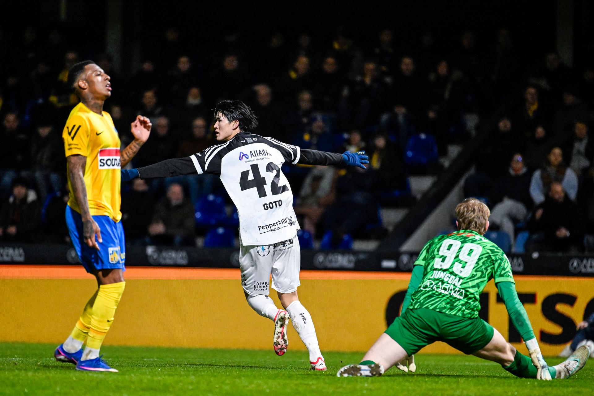 STVV's Keisuke Goto celebrates after scoring during a soccer match between KVC Westerlo and STVV, Friday 06 February 2026 in Westerlo, on day 24 of the 2025-2026 'Jupiler Pro League' first division of the Belgian championship. BELGA PHOTO TOM GOYVAERTS