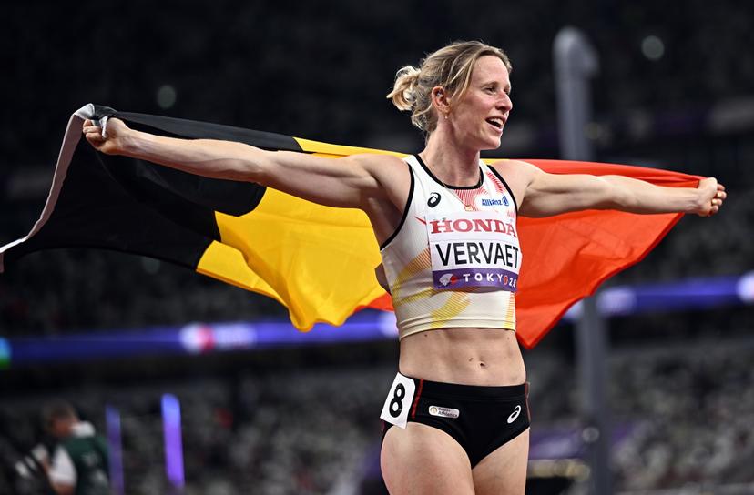 Belgian Imke Vervaet celebrates after during the final 4x400m Mixed Relay, in the World Athletics Championships in Tokyo, Japan, on Saturday 13 September 2025. The outdoor Worlds are taking place from 13 to 21 September. BELGA PHOTO JASPER JACOBS