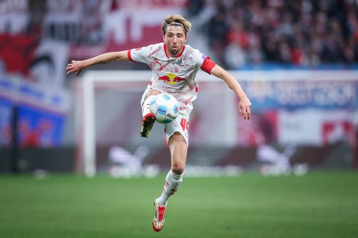 Leipzig's Slovenian midfielder #44 Kevin Kampl plays the ball during the German first division Bundesliga football match between RB Leipzig and FC Bayern Munich in Leipzig on May 3, 2025.  Ronny HARTMANN / AFP