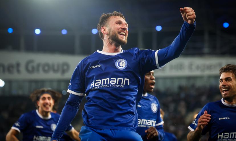 Gent's Siebe Van der Heyden celebrates after scoring during a soccer game between KAA Gent and Patro Eisden Maasmechelen, in the 1/16 final of the Croky Cup Belgian cup, Thursday 30 October 2025 in Gent. BELGA PHOTO VIRGINIE LEFOUR