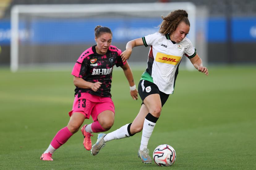 TSC Backa Topola's Katarina Silusi and OHL Women's Alixe Bosteels fight for the ball during a game between Oud-Heverlee Leuven Women and Serbian club TSC Backa Topola,  Wednesday 5th of August 2026, in Leuven, a second round qualification game in the UEFA Women's Champions League.  BELGA PHOTO BRUNO FAHY