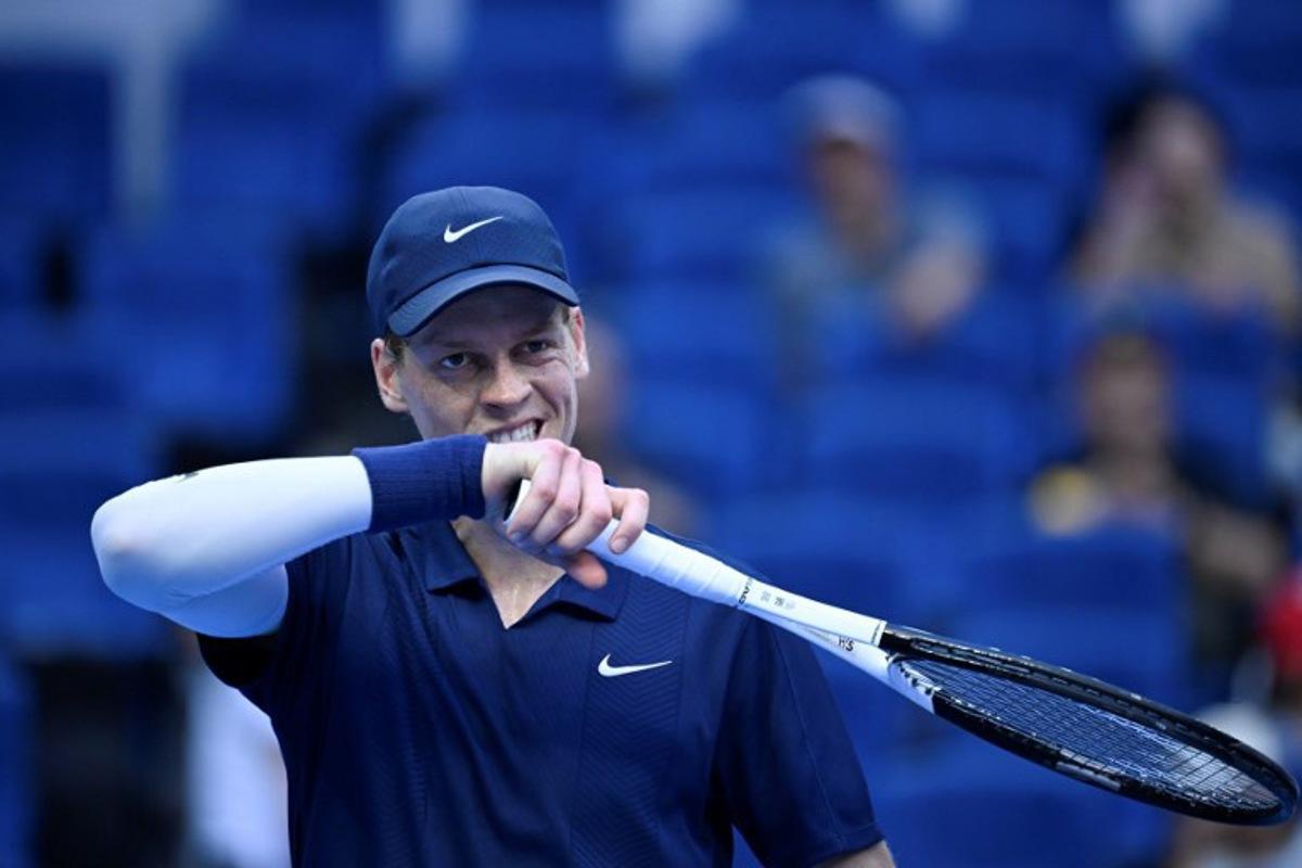 Italy's Jannik Sinner reacts during the men's single semifinal match against Australia's Alex De Minaur  at the China Open tennis tournament in Beijing on September 30, 2025.  WANG Zhao / AFP