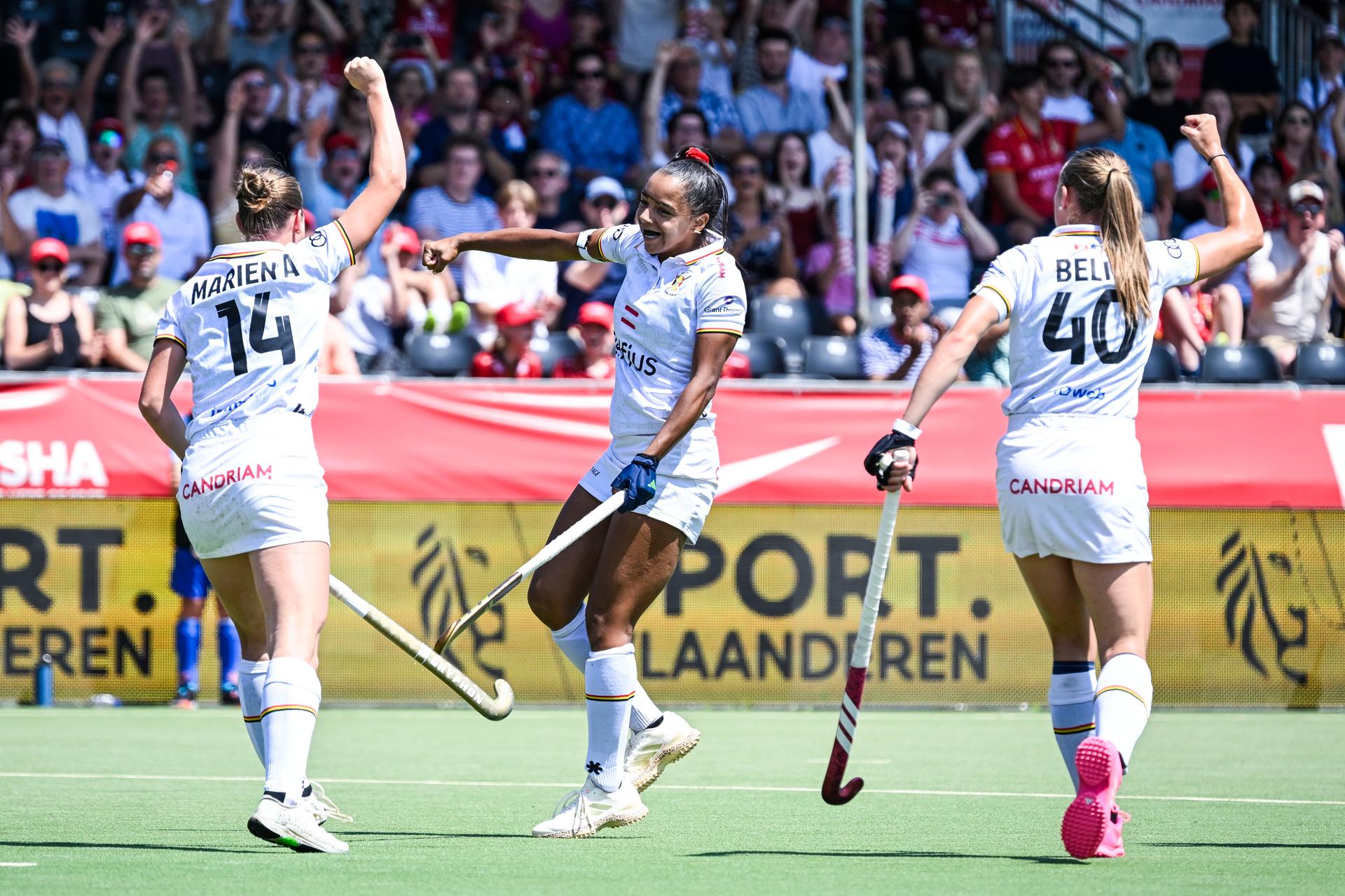 Belgium's Ambre Ballenghien celebrates after scoring during a hockey game between Belgian national team Red Panthers and India, match 13/16 in the group stage of the 2025 women's FIH Pro League, Saturday 21 June 2025 in Antwerp. BELGA PHOTO TOM GOYVAERTS