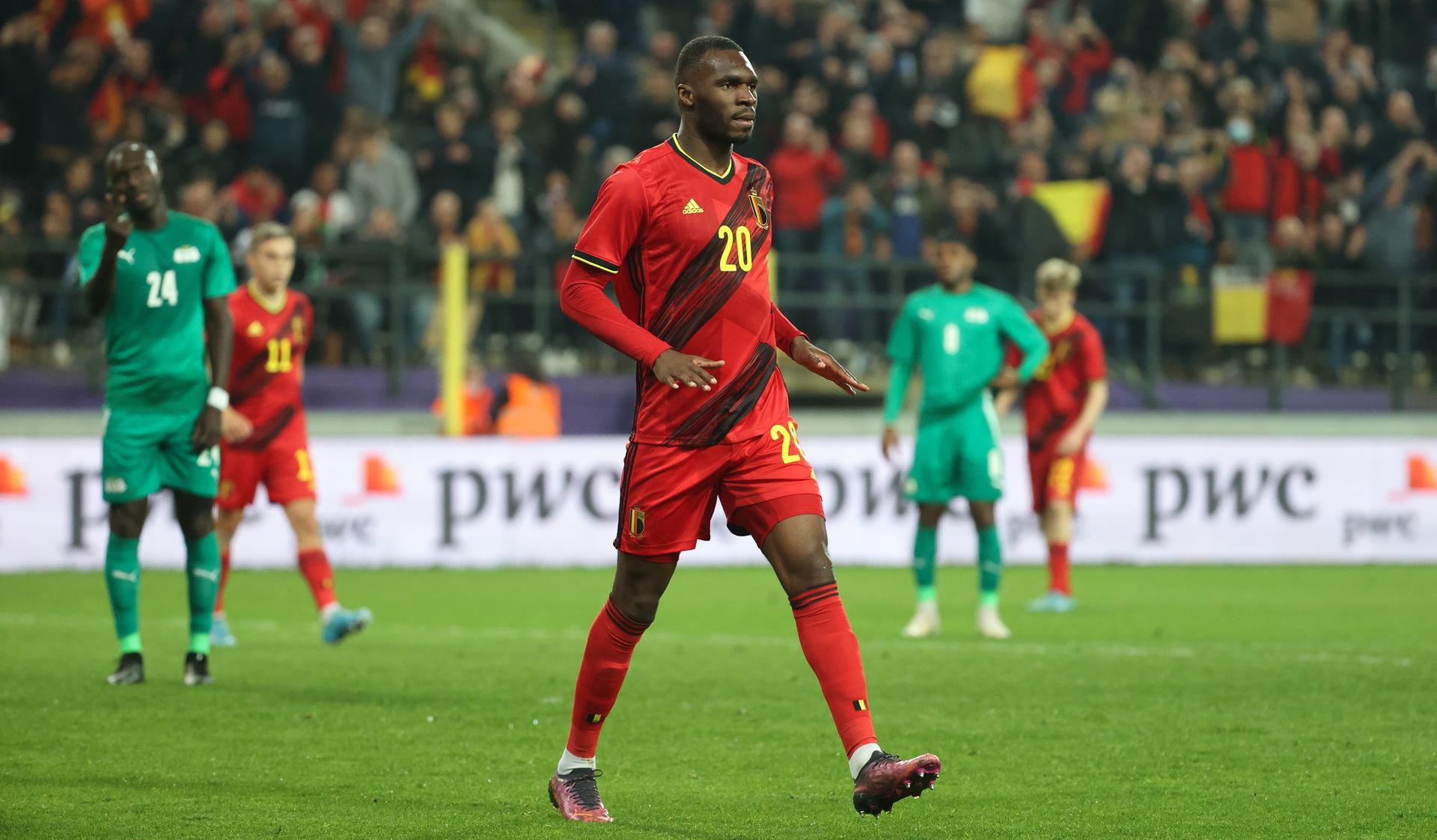 Belgium's Christian Benteke celebrates after scoring during a friendly soccer match between Belgian national team the Red Devils and Burkina Faso, Tuesday 29 March 2022 in Anderlecht, Brussels. BELGA PHOTO VIRGINIE LEFOUR