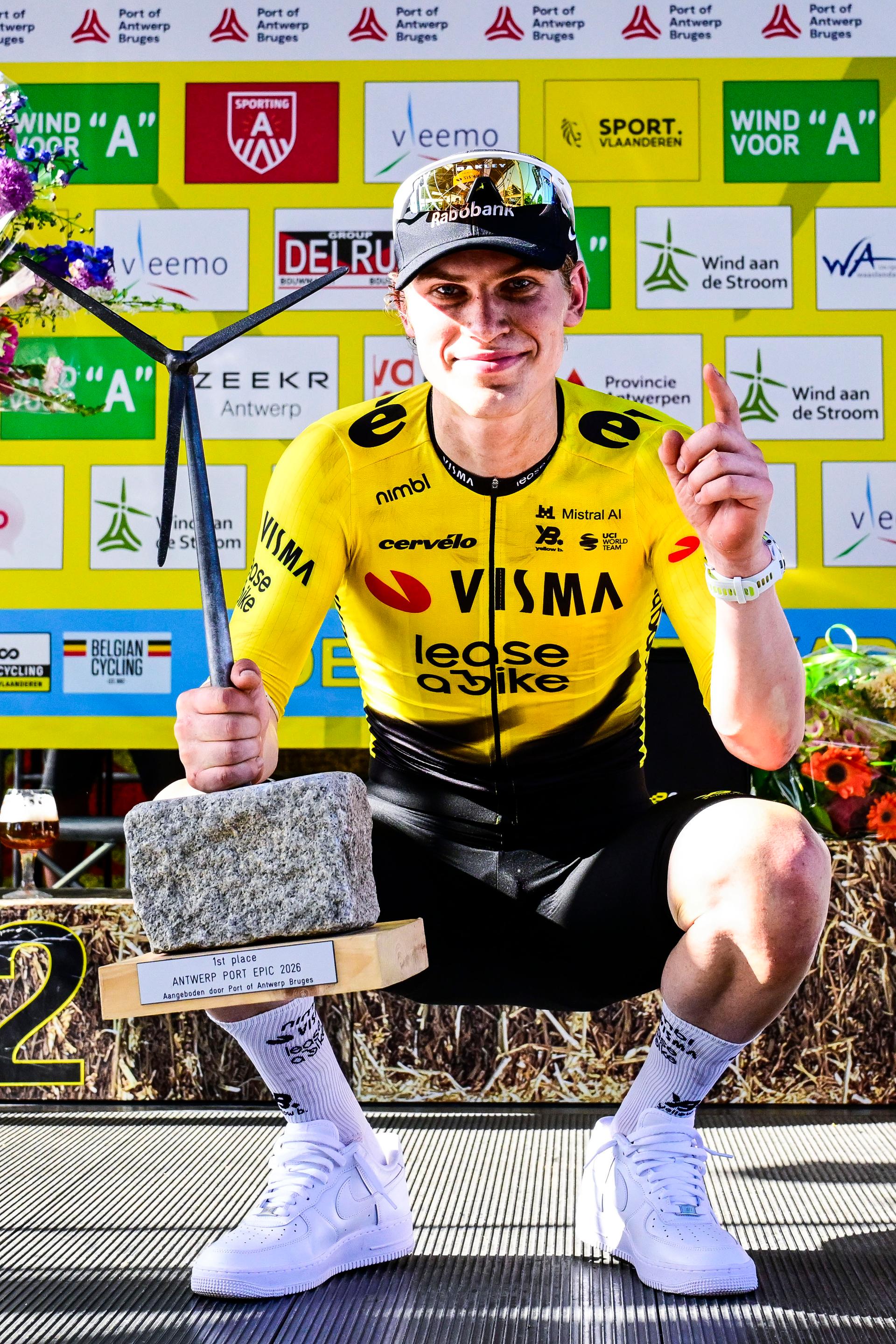 Norwegian Per Strand Hagenes of Team Visma-Lease a Bike celebrates on the podium after winning the 'Antwerp Port Epic men's elite one day cycling race, 196,4 km in and around Antwerp, Monday 25 May 2026. BELGA PHOTO TOM GOYVAERTS