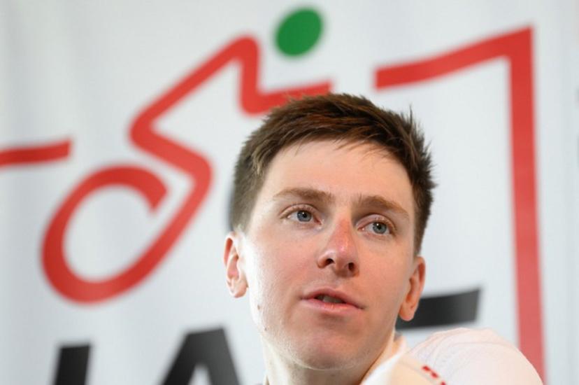 UAE Team Emirates' Slovenian rider Tadej Pogacar addresses a press conference ahead of the Tour of Flanders cycling race in Waregem on April 3, 2025.   JOHN THYS / AFP