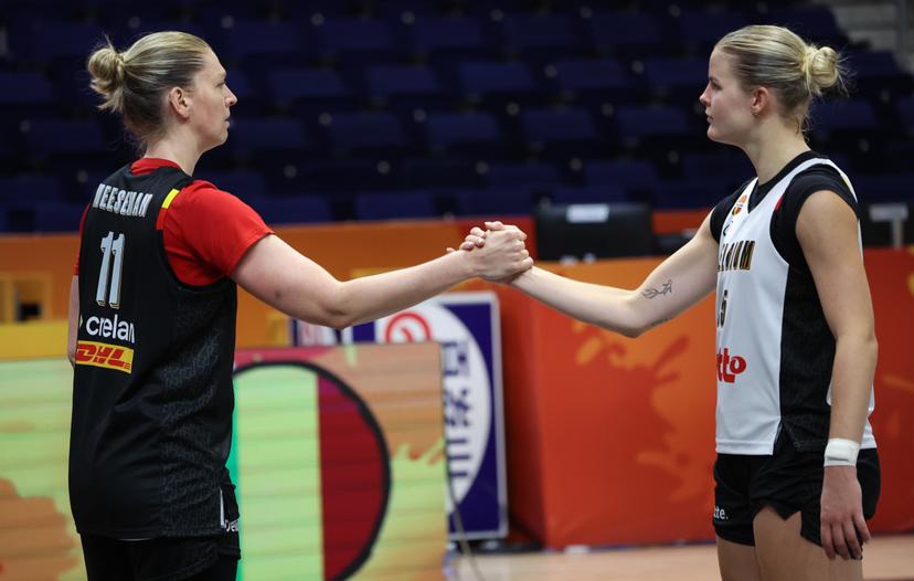 Belgium's Emma Meesseman and Belgium's Becky Massey pictured during a training session of Belgian Cats in Berlin Arena on Wednesday 2 September 2026. Women's basketball worldcup takes place in Germany from 4 to 23 September 2026. BELGA PHOTO VIRGINIE LEFOUR