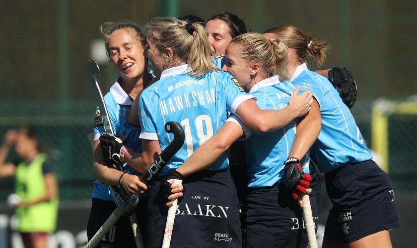 Braxgata's players celebrate after scoring during a hockey game between Braxgata and Waterloo Ducks, Saturday 06 September 2025 in Boom, on day 1 of the Belgian Women Hockey League season 2025-2026. BELGA PHOTO VIRGINIE LEFOUR