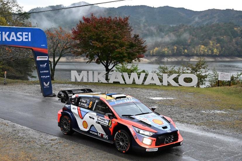 Ott Tanak and his co-driver Martin Jarveoja of Estonia drive their Hyundai i20 N Rally1 during the SS16 Lake Mikawako section of the Rally Japan, the 13th round of the FIA World Rally Championships, in Toyota city, Aichi prefecture on November 9, 2025.  Toshifumi KITAMURA / AFP