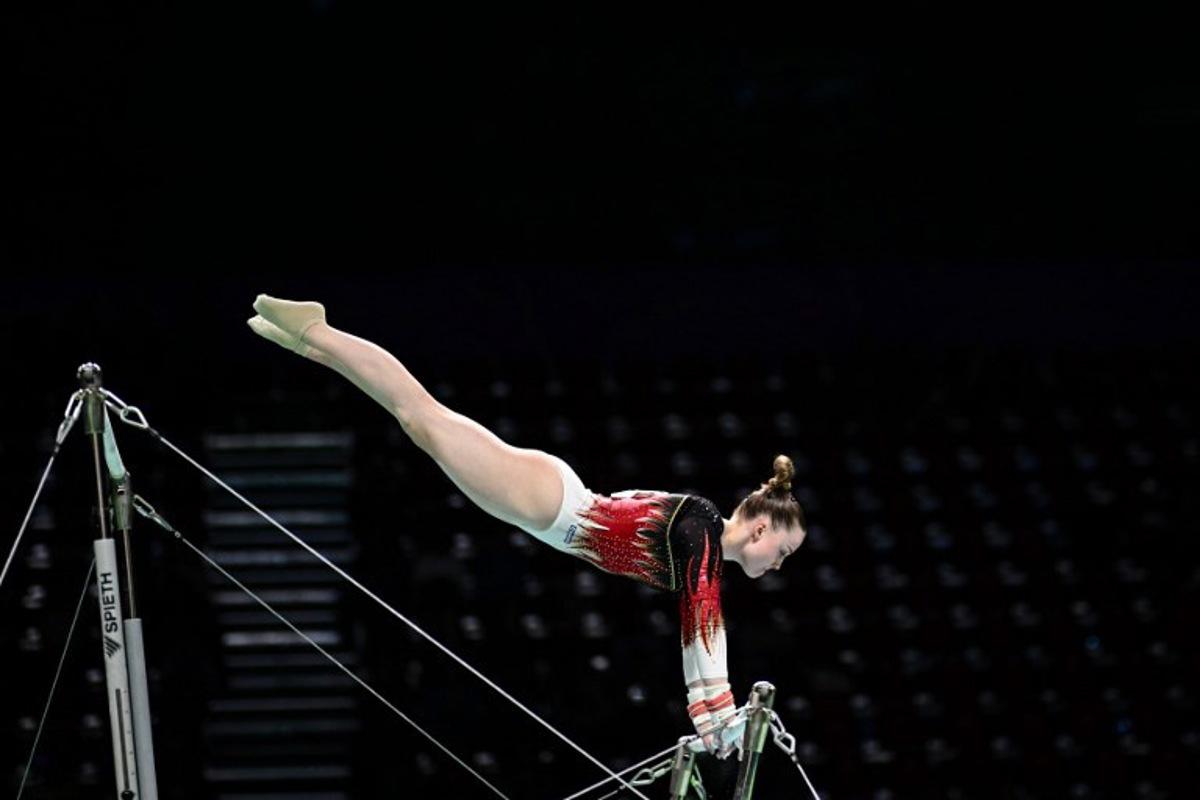 Belgium's Jade Vansteenkiste competes on the Uneven Bars during the Seniors Women's All-Around Finals event at the 35th Artistic Gymnastics European Women's Championships, in Rimini, on the Adriatic coast, northeastern Italy, on May 2, 2024.  GABRIEL BOUYS / AFP