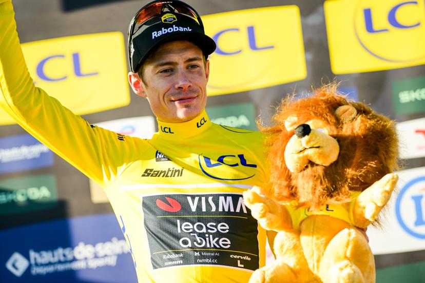 Danish Jonas Vingegaard of Team Visma-Lease a Bike celebrates in the yellow jersey of leader in the overall ranking after the fifth stage of 84th edition of the Paris-Nice cycling race, a race from Cormoranche-sur-Saone to Colombier-le-Vieux (205,4km), on Thursday 12 March 2026. BELGA PHOTO DAVID PINTENS