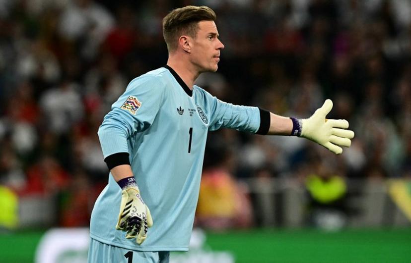 Germany's goalkeeper #01 Marc-Andre Ter Stegen during the UEFA Nations League semi-final football match between Germany and Portugal in Munich, southern Germany on June 4, 2025.  Tobias SCHWARZ / AFP