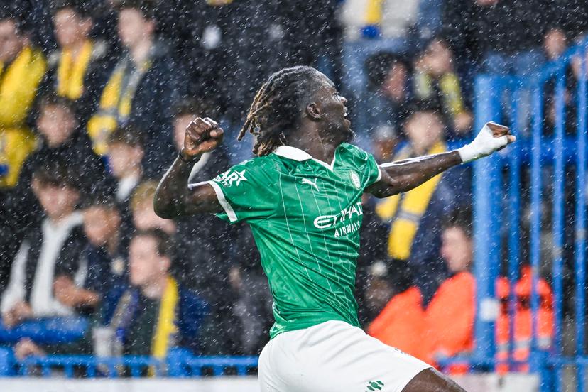 Lommel's Don-Angelo Konadu celebrates after scoring during a soccer match between SK Beveren and Lommel SK, Friday 9 October 2026 in Beveren, on day 8 of the 2026-2027 'Jupiler Pro League' first division of the Belgian championship. BELGA PHOTO TOM GOYVAERTS