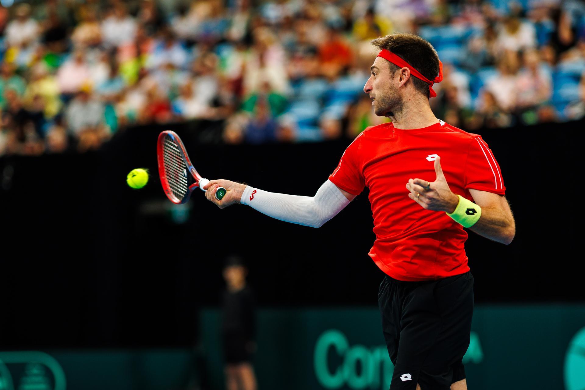 Belgian Sander Gille pictured in action duringa a tennis match between Belgian Vliegen/Gille and Australian Hijikata/Thompson, during the qualifier of the Davis Cup, Sunday 14 September 2025, in Sydney, Australia. Belgium and Australia will compete this weekend in the second round of the Davis Cup qualifiers. BELGA PHOTO PATRICK HAMILTON