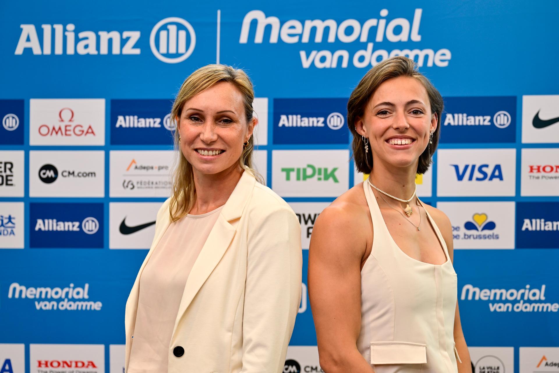 Former Belgian Athlete Kim Gevaert and Belgian Rani Rosius pictured during a press conference on the 49th edition of the Memorial Van Damme athletics event in Brussels, Wednesday 14 May 2025. The 2025 Allianz Memorial Van Damme Diamond League meeting take place on 08 Augustus 2025. BELGA PHOTO DIRK WAEM