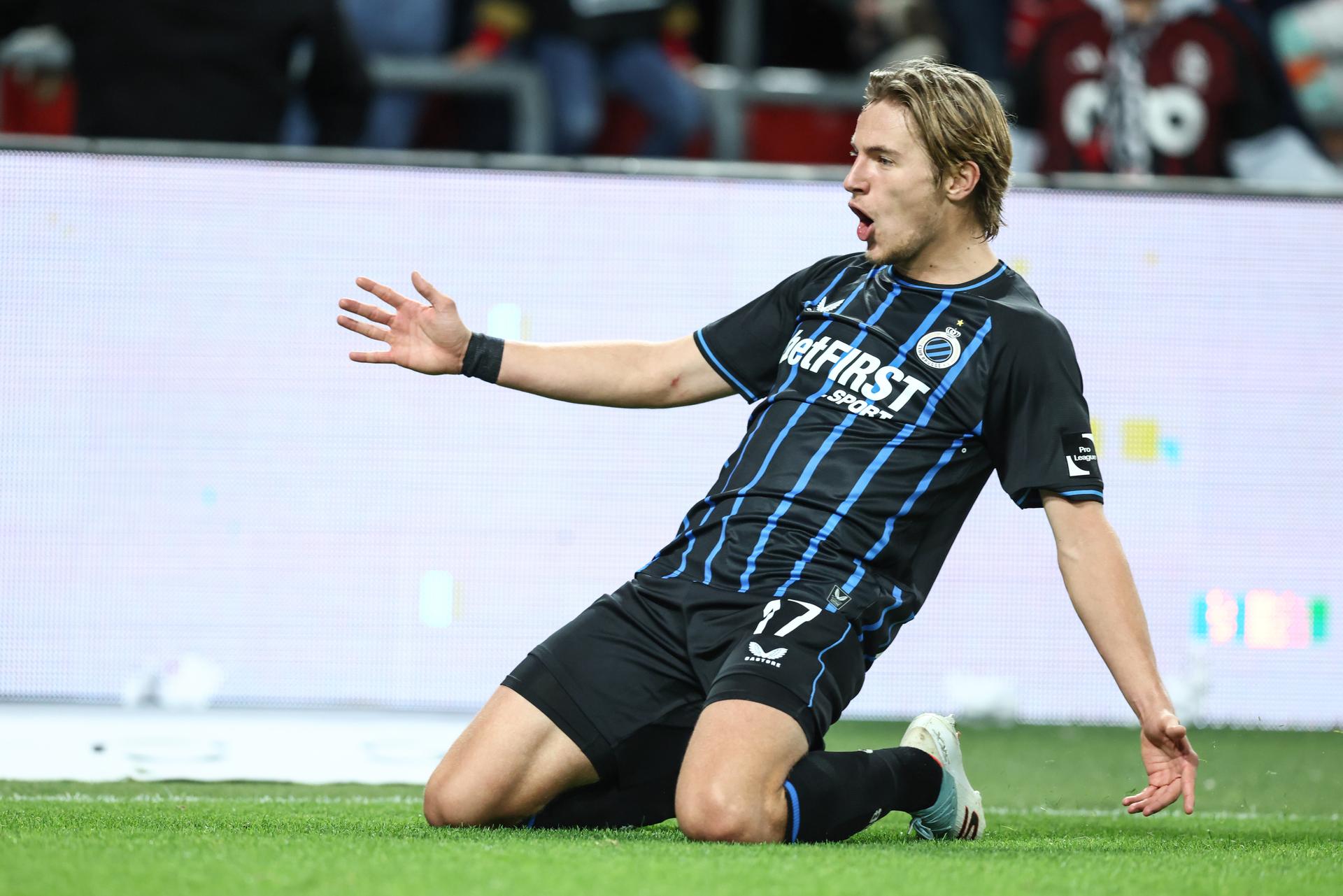 Club's Romeo Vermant celebrates after scoring during a soccer match between Standard de Liege and Club Brugge, Saturday 27 September 2025 in Liege, on day 9 of the 2025-2026 'Jupiler Pro League' first division of the Belgian championship. BELGA PHOTO BRUNO FAHY