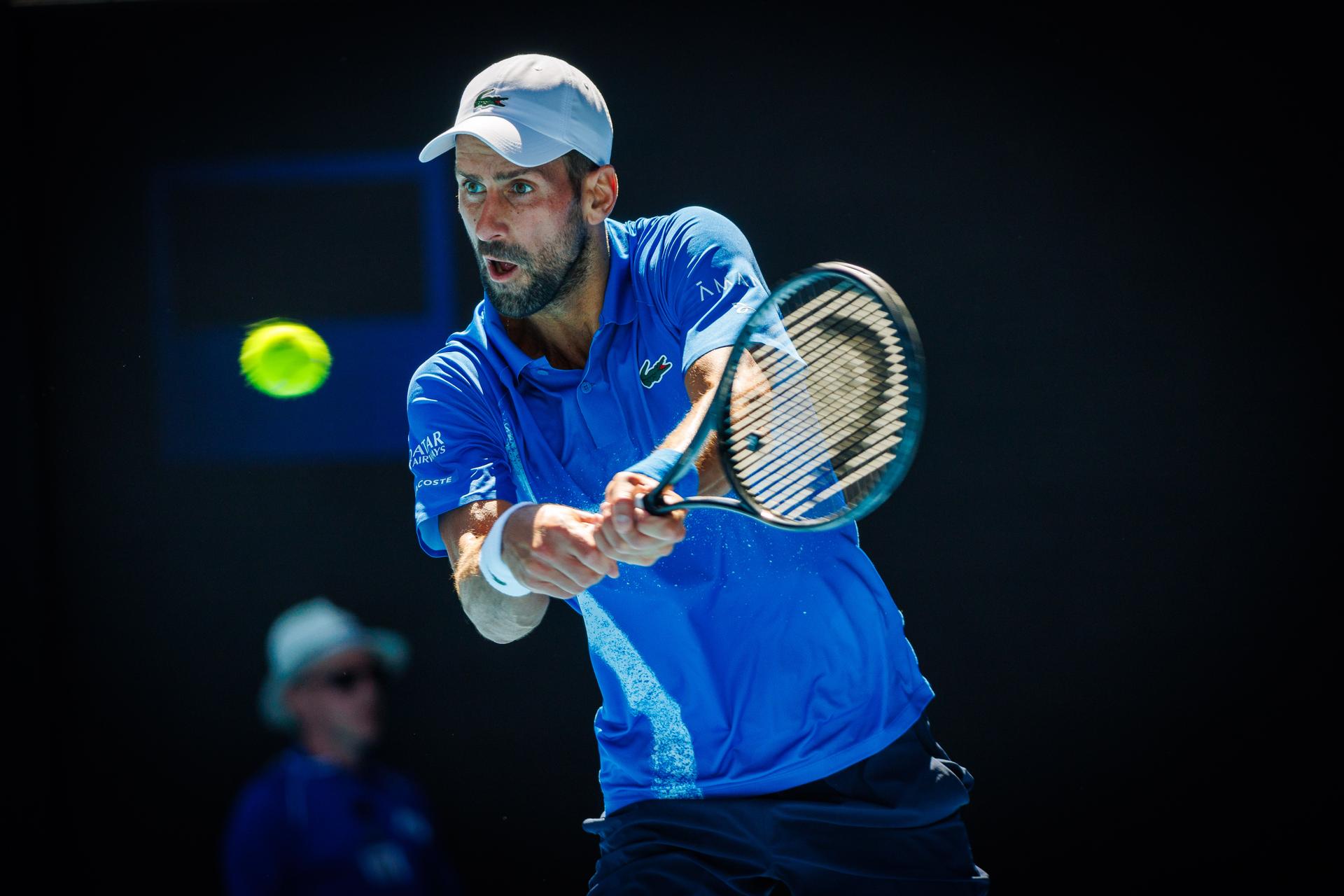 Serbian Novak Djokovic pictured in action during a tennis match between Serbian Djokovic and German Zverez, in the semi finals of the men's singles at the 'Australian Open' Grand Slam tennis tournament, Friday 24 January 2025 in Melbourne Park, Melbourne, Australia. The 2025 edition of the Australian Grand Slam takes place from January 12th to January 26th. After Zverez had won the first set, Djokovic was forced to retire with an injury.  BELGA PHOTO PATRICK HAMILTON