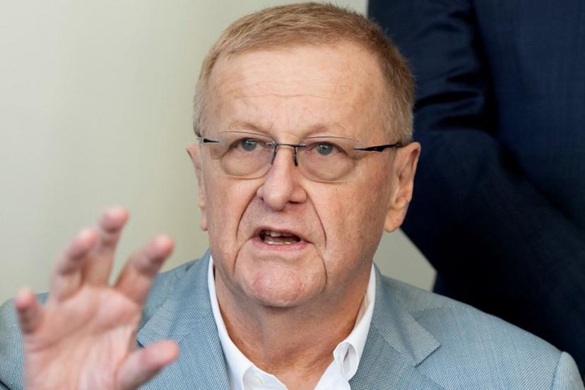 John Coates, Vice President of organising committee for the Brisbane 2032 Olympic Games, speaks at a press conference after a meeting of the board members with International Olympic Committee (IOC) President Thomas Bach in Sydney on May 1, 2022.   Wendell Teodoro / AFP
