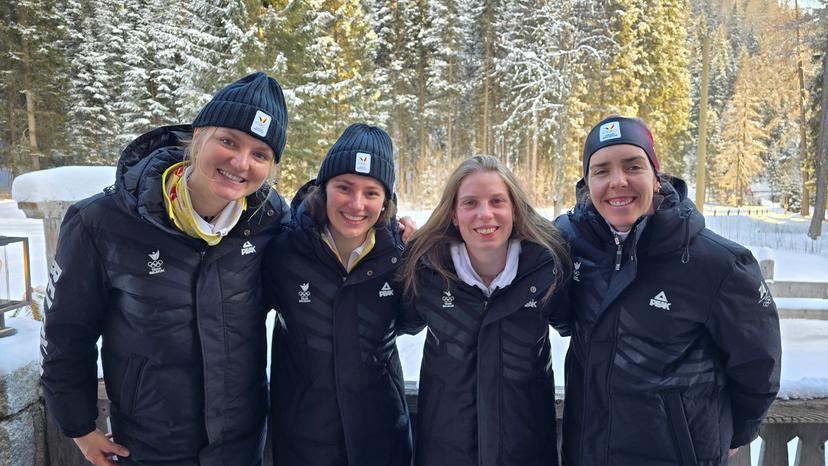 ATTENTION EDITORS - HANDOUT PICTURES - EDITORIAL USE ONLY - MANDATORY CREDIT BOIC-COIB    -      Handout pictures released on Monday 16 February 2026, by the Belgian International and Olympic Committee shows the Belgian Lynxes women's biathlon relay team Maya Cloetens, Marisa Emonts, Eve Bouvard and Lotte Lie in Anterselva, at the Milano Cortina 2026 Olympic Winter Games.  *** Belga and Belga Editorial Board decline all responsibility regarding the content of this picture. *** PHOTO HAND OUT  BOIC-COIB/ BENJAMIN WERY