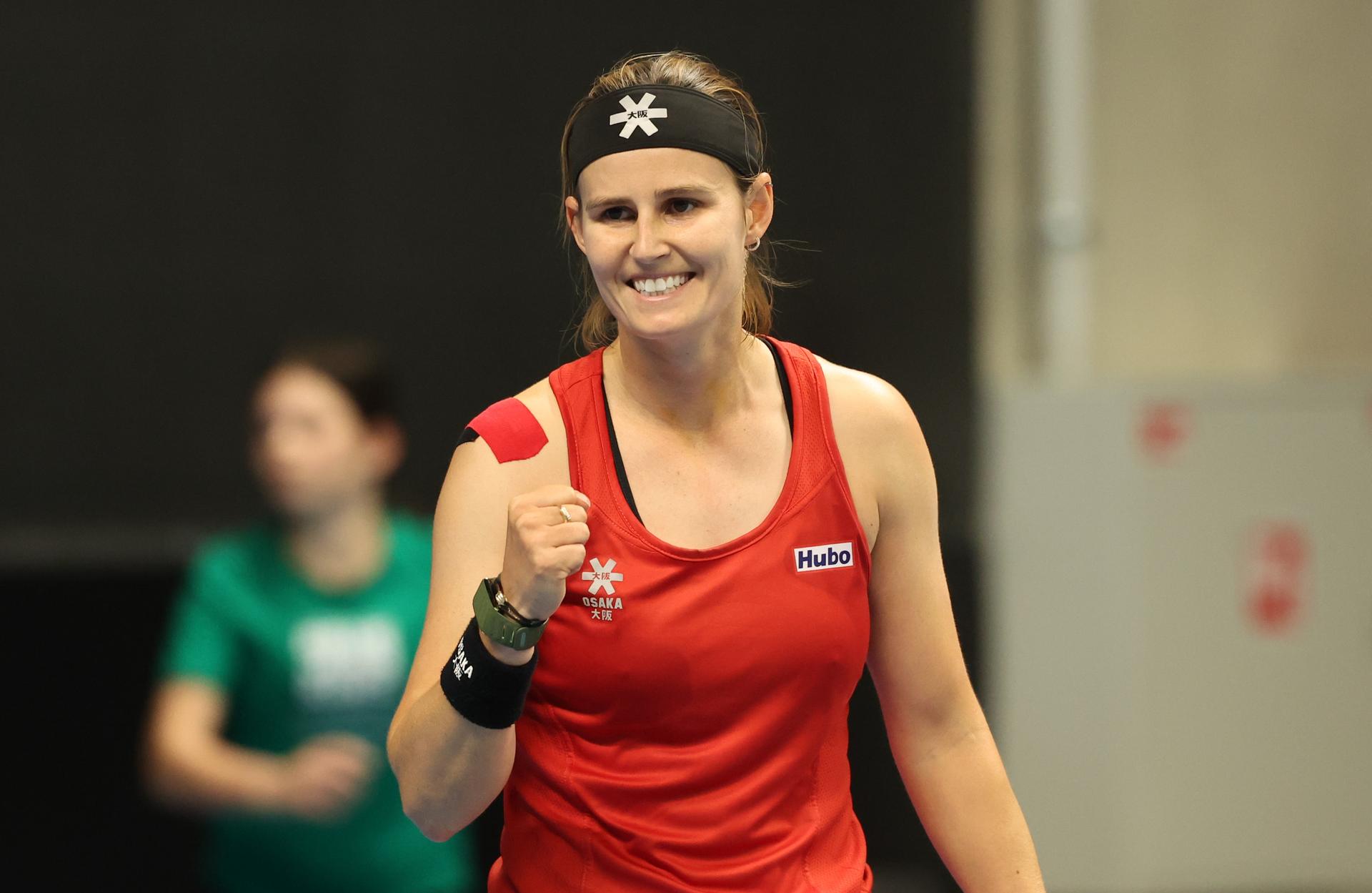 Belgian Greet Minnen celebrates after winning a tennis match between Belgian Minnen and French Gracheva, on Friday 11 April 2025, the second game in the Promotion Play-offs between Belgium and France in the Europe/Africa Group I of the Billie Jean King Cup tennis, in Vilnius, Lithuania. PHOTO VIRGINIE LEFOUR