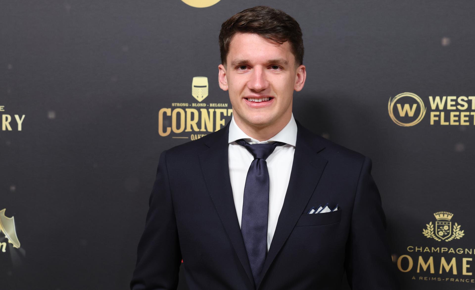Club's Christos Tzolis pictured at the arrival for the 72nd edition of the 'Golden Shoe' award ceremony, in Middelkerke, Sunday 11 January 2026. The Golden Shoe (Gouden Schoen / Soulier d'Or) is an award for the best soccer player of the Belgian Jupiler Pro League championship during the calendar year 2025. BELGA PHOTO KURT DESPLENTER