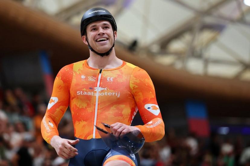 Netherlands' #168 Harrie Lavreysen reacts after winning gold in the men's sprint event final at the 2025 UCI Track World Championships, in the Penalolen Velodrome in Santiago, on October 26, 2025.  Javier TORRES / AFP