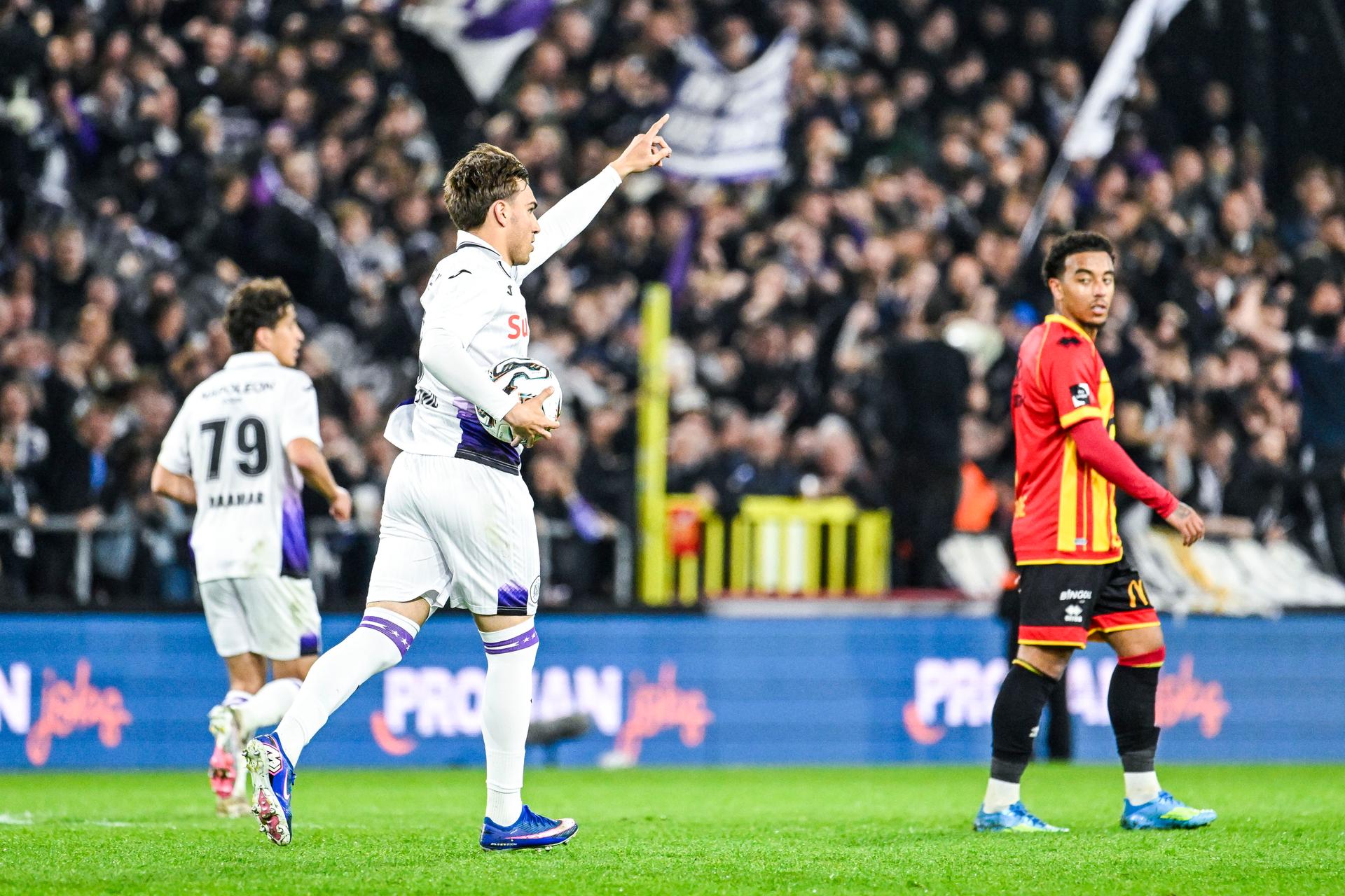 Anderlecht's Mihajlo Cvetkovic celebrates after scoring during a soccer match between KV Mechelen and RSC Anderlecht, Saturday 18 April 2026 in Mechelen, on the third day of the Champion's Play-offs (PO1) of the 2025-2026 'Jupiler Pro League' first division of the Belgian championship. BELGA PHOTO TOM GOYVAERTS