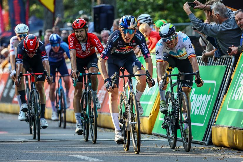Spanish Roger Adria of Red Bull-Bora-Hansgrohe and Alex Aranburu of Movistar Team pictured in action sprinting to the finish line of the one day cycling race Grand Prix de Wallonie 2024 (202,3 km), from Blegny to the Citadelle de Namur, in Namur, on Wednesday 18 September 2024. BELGA PHOTO DAVID PINTENS