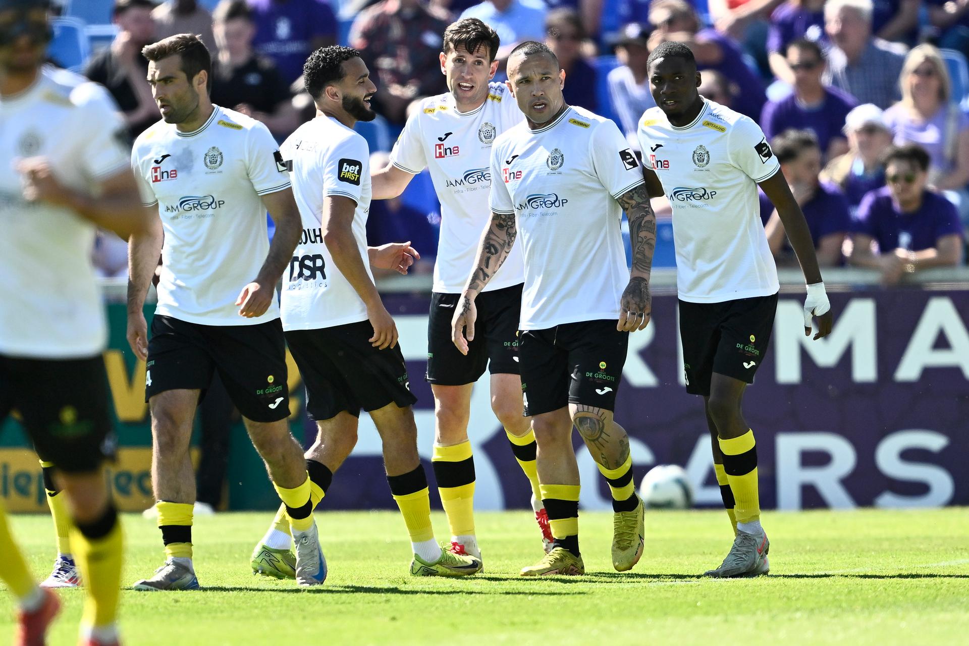 Lokeren's Sebastiaan Brebels celebrates after scoring during a soccer match between Patro Eisden Maasmechelen and KSC Lokeren-Temse, Sunday 11 May 2025 in Lokeren, the return leg in the Promotion Play-off finals of the 2024-2025 'Challenger Pro League' 1B second division of the Belgian championship. BELGA PHOTO JOHAN EYCKENS