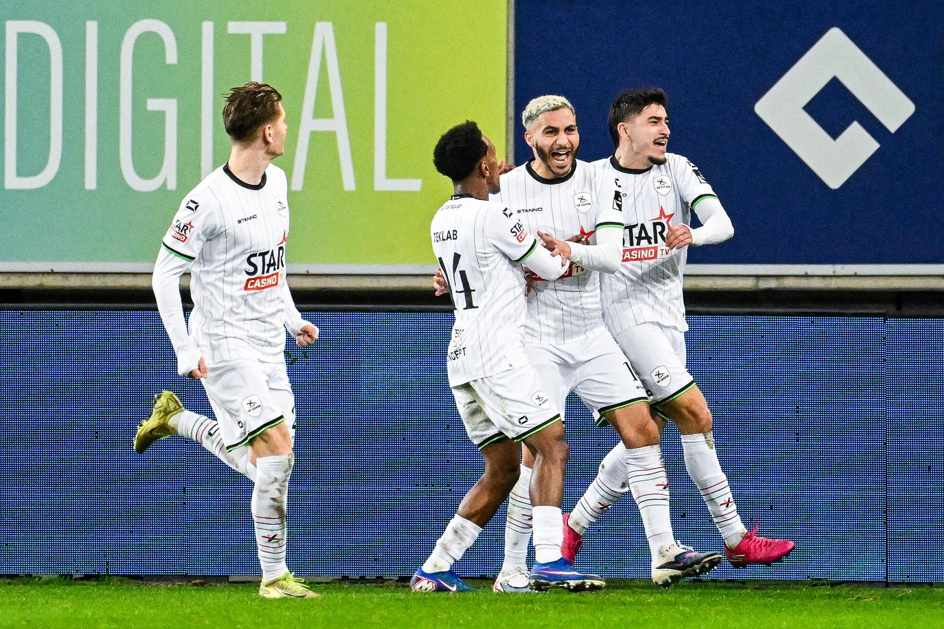 OHL's Youssef Maziz celebrates after scoring during a soccer match between KAA Gent and Oud Heverlee Leuven, Saturday 07 February 2026 in Gent, on day 24 of the 2025-2026 'Jupiler Pro League' first division of the Belgian championship. BELGA PHOTO TOM GOYVAERTS