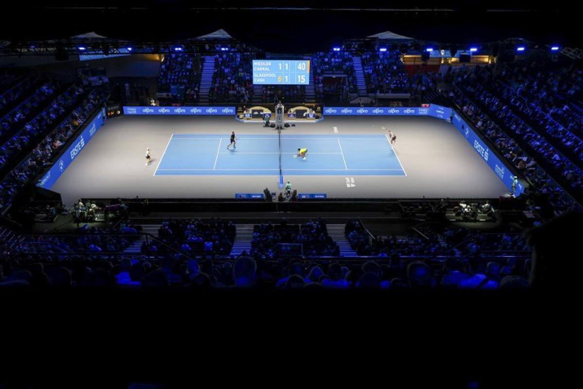 A general view shows Portugal's Francisco Cabral and Austria's Lucas Miedler playing against Britain's Julian Cash and Llloyd Glasspool during the men's final doubles match at the ATP Vienna Open tennis tournament at the Wiener Stadthalle venue in Vienna, Austria, on October 26, 2025.  TOBIAS STEINMAURER / APA / AFP