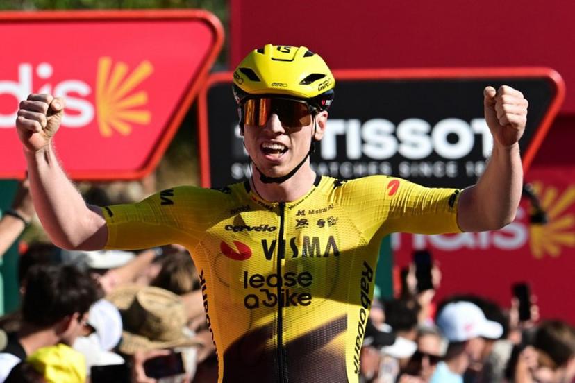 Team Visma-Lease a bike's British rider Matthew Brennan celebrates winning the second stage of the Vuelta a Espana 2026, a 214.3 km race between Monaco and Manosque on August 23, 2026.  Miguel MEDINA / AFP