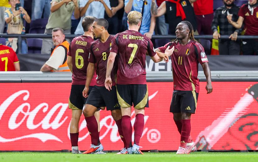 Belgium's Jeremy Doku and Belgium's Kevin De Bruyne celebrate after scoring during a soccer game between Belgian national soccer team Red Devils and Kazakhstan, in Brussels, on Sunday 07 September 2025, the fourth (out of 8) qualification games for the World Cup 2026. BELGA PHOTO VIRGINIE LEFOUR