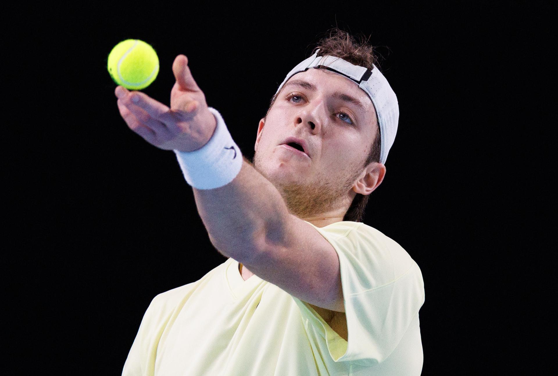 Belgian Tibo Colson pictured during a qualification game between Belgian Colson and German Squire in the men's singles at the BW Open ATP Challenger 125 tournament, in Louvain-la-Neuve, Monday 22 January 2024. THE BW Open takes place from 22 to 28 January. BELGA PHOTO BENOIT DOPPAGNE