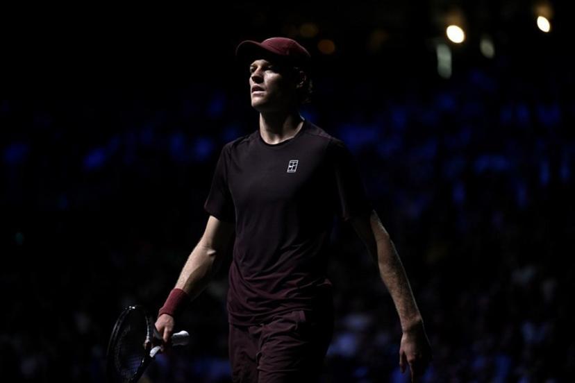 Italy's Jannik Sinner looks on as he plays against Canada's Felix Auger-Aliassime during their men's singles final match on day seven of the Paris ATP Masters 1000 tennis tournament at the Paris La Défense Arena in Nanterre, on the outskirts of Paris, on November 2, 2025.  JULIEN DE ROSA / AFP