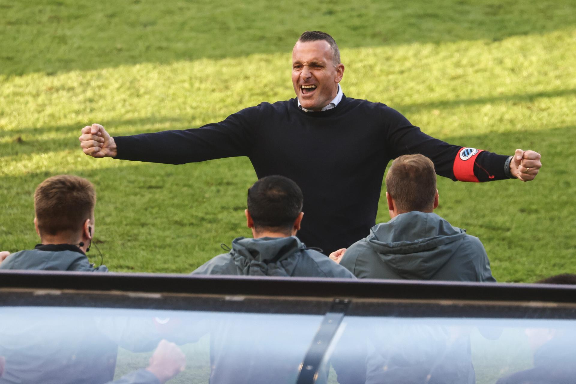 Club's head coach Nicky Hayen celebrates after a soccer game between Club Brugge and RSC Anderlecht in Brussels, Sunday 04 May 2025, the final of the 'Croky Cup' Belgian soccer cup. BELGA PHOTO BRUNO FAHY